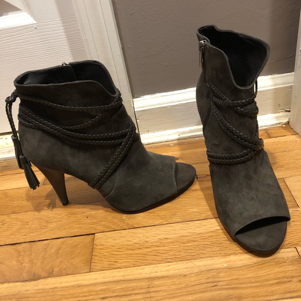 Peep toe bootie with braided wrap detail